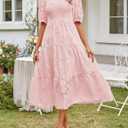 MEROKEETY Women's 2025 Summer Puff Sleeve Smocked Floral Dress Crewneck Lace Flowy Tiered Midi Dresses (Pink, S)