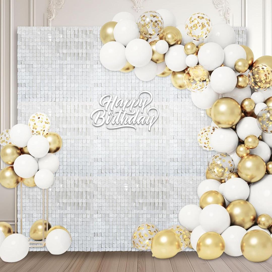 24PCS White Shimmer Wall Backdrop, Square Sequin Photo Backdrops Panel, Glitter Wall Background for Birthdays, Weddings, Christmas, Engagements, Disco Bachelorette Party Decoration (4FT x 6FT)