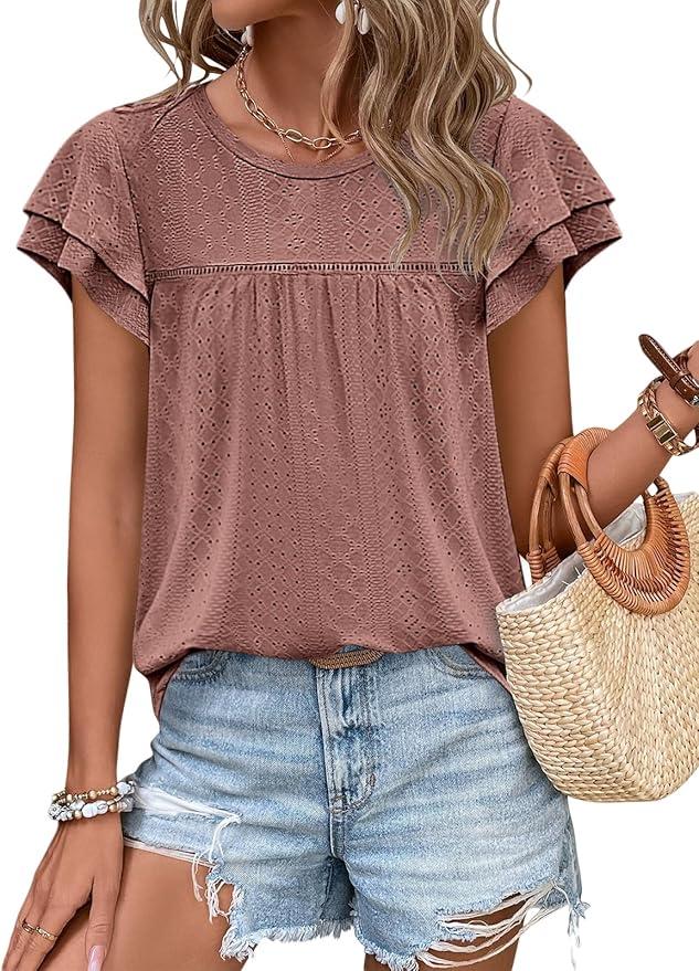 Zwurew Womens Summer Tops Crewneck Eyelet Ruffle Sleeve Blouses Casual Babydoll Shirts 2025 Small