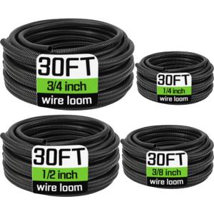 Wire Loom 1/4", 3/8", 1/2", 3/4 Inch x 30 FT, Split Wire Loom Tubing Wire Conduit, Cable Sleeves Bulk Flexible Electrical Conduit Protective kit, Black