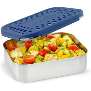 LunchBots Medium Uno Stainless Steel Sandwich Container - Open Design for Wraps - Salads or a Small Meal - Eco-Friendly - Dishwasher Safe and BPA-Free - Blue Dots (1 section)