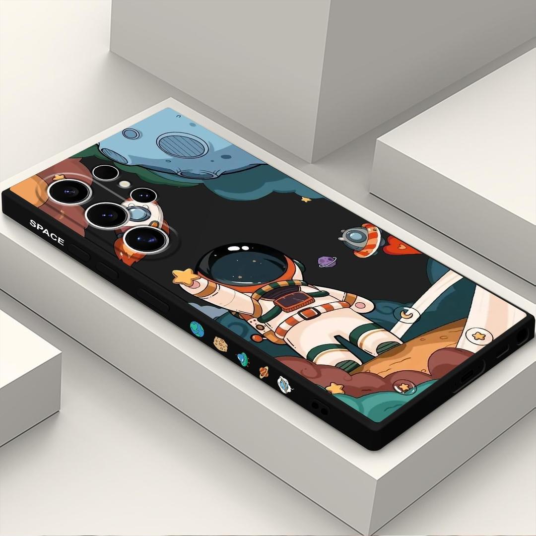 for Samsung Galaxy S24 Ultra Case, Creative Flower Pattern Design Phone Cover Drop Protection Soft Ultra Thin Scratch Resistant Microfiber Lining Inner for Galaxy S24 Ultra-Astronaut Black