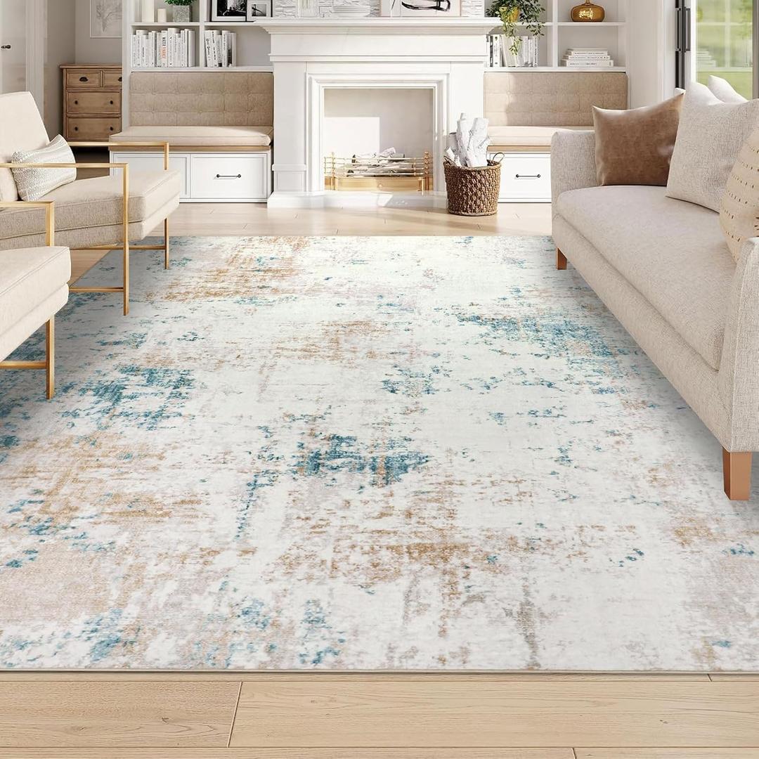 Homcomoda Modern Living Room Rug 6x9 Non Slip Washable for Bedroom Abstract Large Neutral Ultra Thin Carpet for Dining Room Office Classroom (5'11" x 8'10" (Rectangular), Beige Multi)