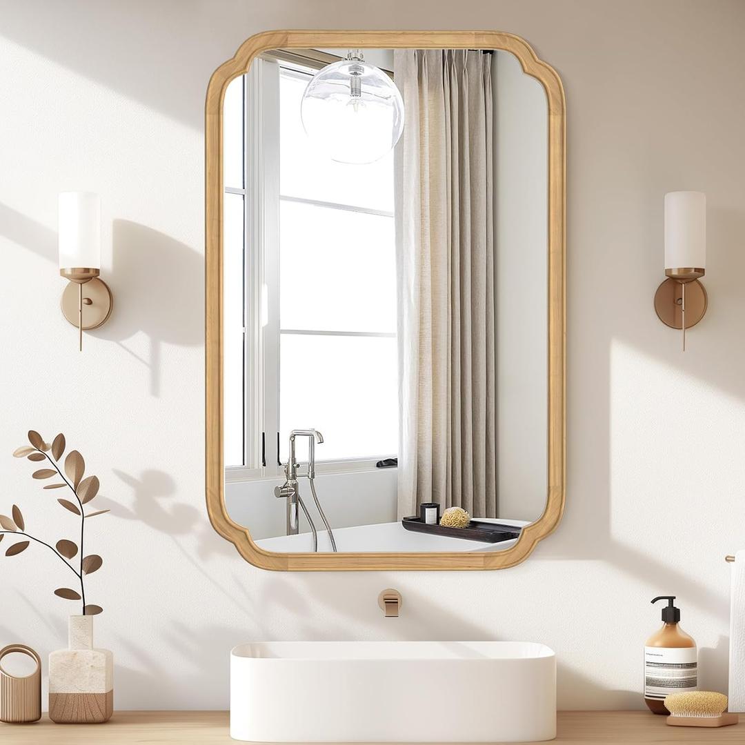 HOMECOOKIN Wood Bathroom Mirror for Wall Decor Arched Rounded Corner Rustic Wood Frame Wall Mirror Home Decorative for Vanity, Living Room, Bedroom, Entryway (24 x 36 inch, Natural)