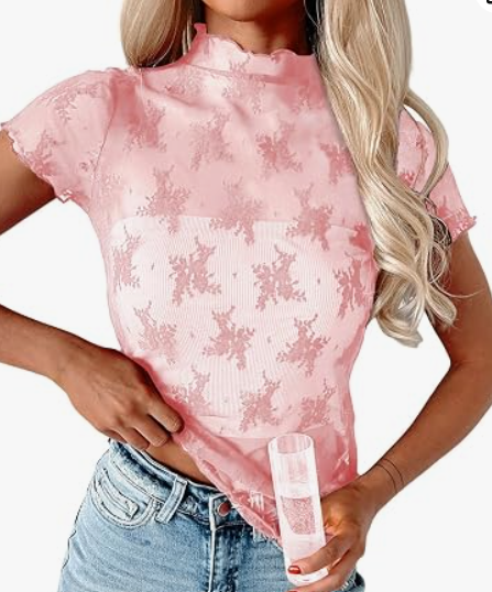 APOOU Womens Floral Sheer Mesh Lace Tops Mock Neck Short Sleeve Shirt Sexy See Through Top Y2k Blouses Pink, X-Large