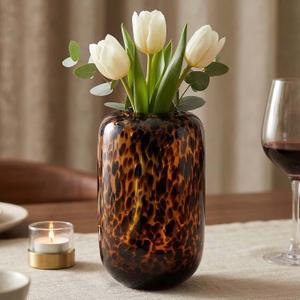 8.2in Amber Vase,Brown Glass,Round Art,Modern Clear Glass Vase,Decorative Bottles for Home Decor,Farmhouse Centerpiece,Wide for Living Room, Kitchen,Office, Dining (S)