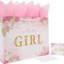 16.5'' Extra Large Baby Girl Gift Bag Set with Handles, Greeting Card, Pink Tissue Papers and Stickers for Girls Kids for Baby Shower, Girls' Birthday Party, Newborn, New Moms, Little One, 1st Baby, Gold Glitter 'GIRL' Design, 1 Pcs