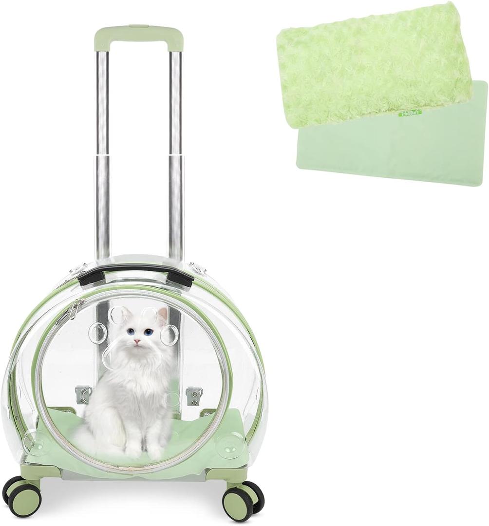 Transparent & Fully Breathable Hard cat Carrier with Rolling Wheels for Dogs, Cats, Multiple Carrying Options, Perfect for Traveling/Taking a Walk (Green)