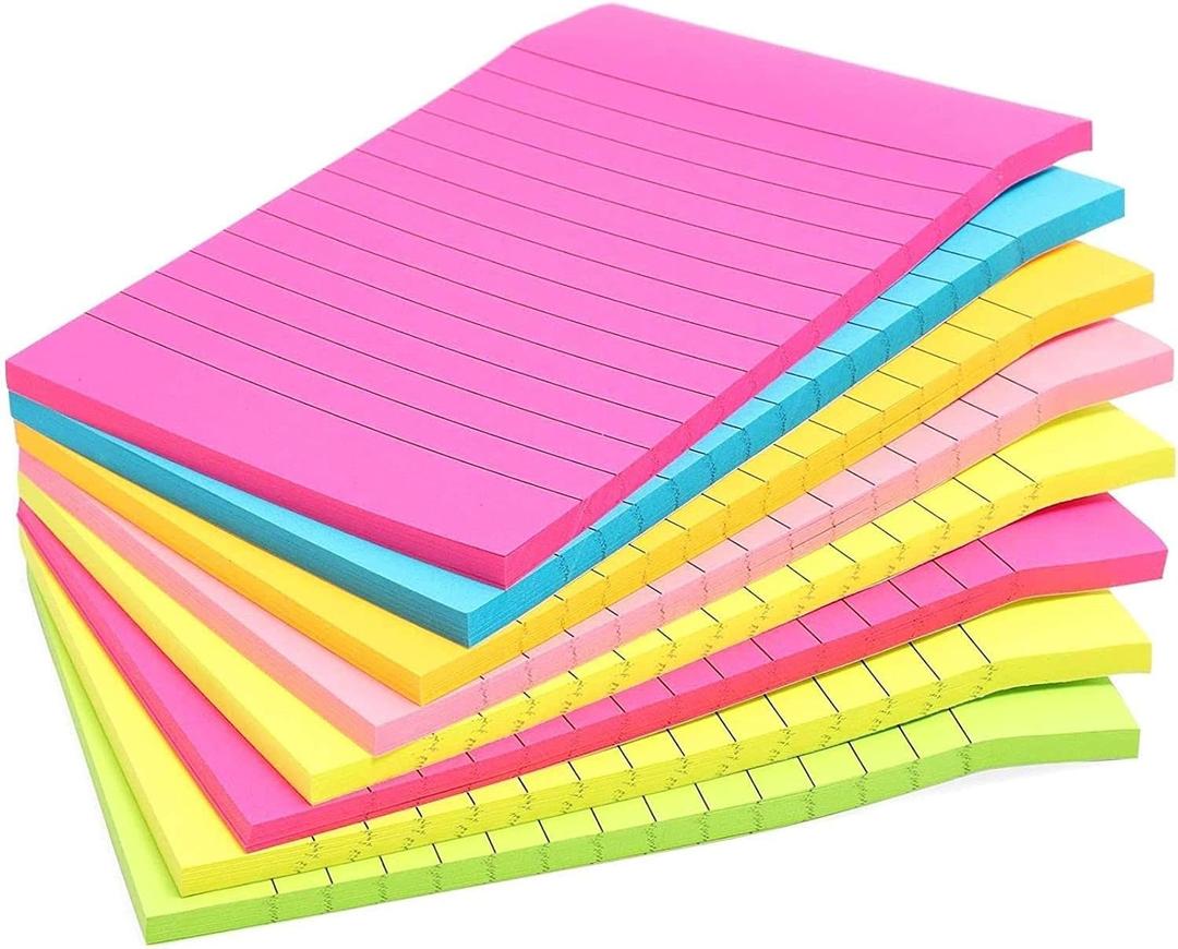 Paper Junkie Lined Sticky Notes in Bright Neon Colors, Self-Stick Memo Notepad 4 inch x 6 inch for Office & School - Pack of 8 Post Notes - Office Supplies