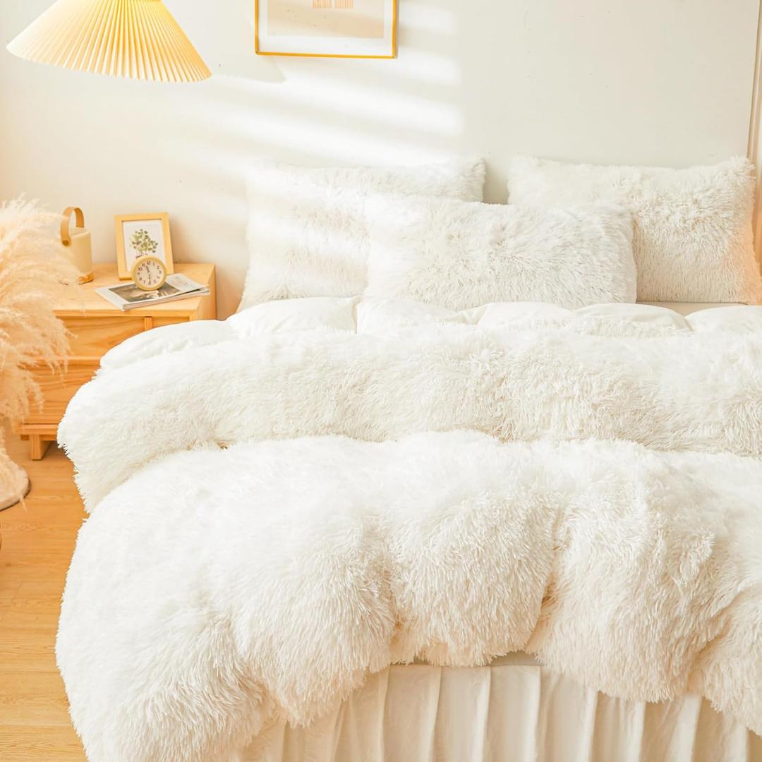 Fluffy Beige Faux Fur Comforter Cover Set，Fluffy Fuzzy Plush Cream Bedding 3Pcs (1 Faux Fur Duvet Cover +2 Fuzzy Pillowcases) Plush Bed Set(Beige, Queen)