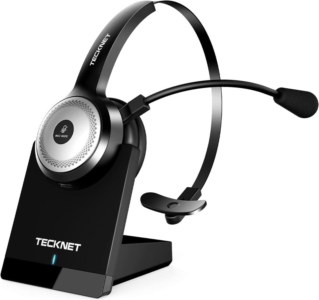 TECKNET Bluetooth Headset with Microphone for PC, Wireless Headset with Mic for Work, 40Hrs Worktime AI Noise Cancelling On Ear Bluetooth Headphones with Charging Base for Laptop/Call Center