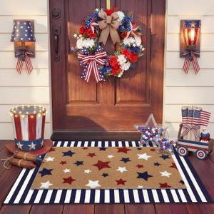 Duraaamo 2 Pcs Independence Day Door Mat 4th of July Outdoor Welcome Mats for Front Door Patriotic Non Slip Coir Floor Doormat Red White Blue Stripe Rug for Outside Porch Entryway Decor(Patriotic)