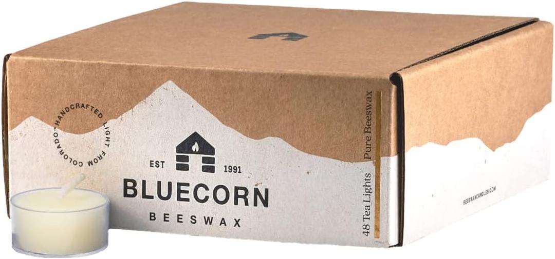Bluecorn Beeswax Tea Light Candles, 100% Pure Natural Bees Wax, White Tea Lights, Fragrance Free, Paraffin & Soy Free Candle Wax, Clean Burning, Long Lasting, American Made, Christmas Decor, 48 Pack (Ivory)