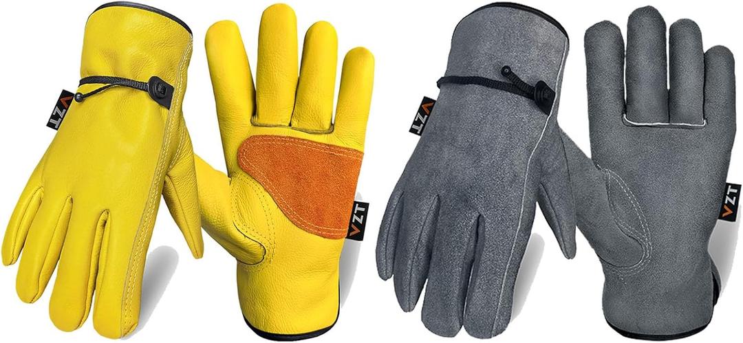 2 Pairs Leather Work Gloves for Men or Women, Non-fading Cowhide, for GardeningConstruction, Welding, Yardwork, driver (Large (Pack of 2), Yellow & Gray)