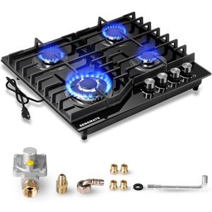 24 Inch Gas Cooktop, 4 Burner Gas Stove Top, Built-In or Countertop Design, Black Tempered Glass, NG/LPG Convertible, Flame Failure Protection, Ideal for Home Kitchens, RVs & Compact Spaces