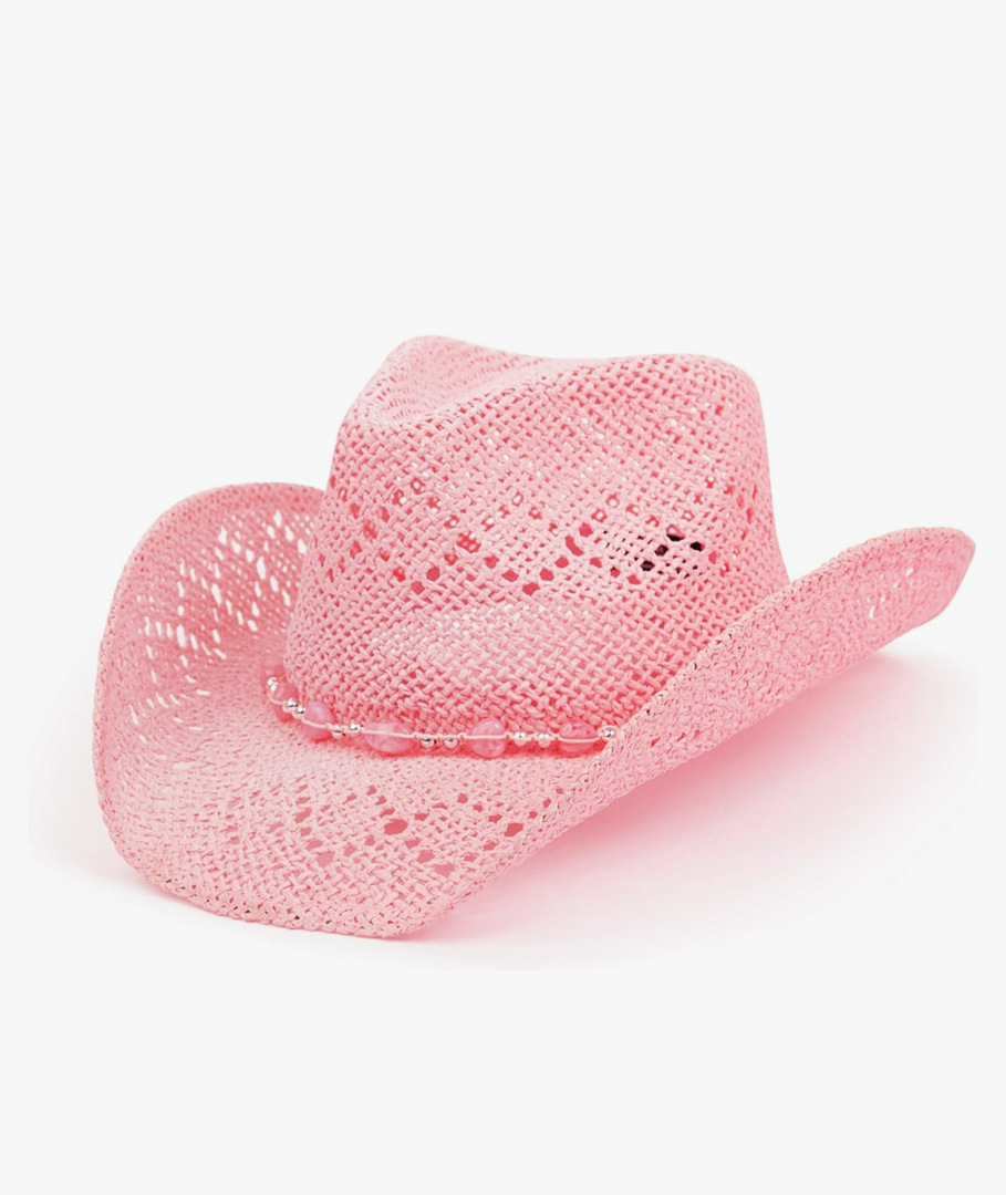 TOVOSO Western Cowgirl Hat, Straw Cowboy Hat for Women with Shapeable Brim, Beaded Hearts Trim, Shapeable Cowboy Hat
