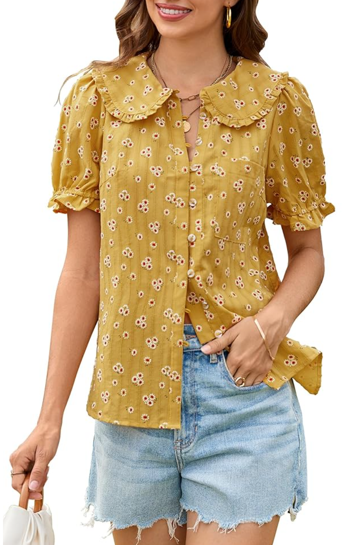 ECOWISH Women's Button Up Shirt - Peter Pan Collar Frilled Short Sleeve Summer Tops Casual Cotton Retro Floral Blouse
M