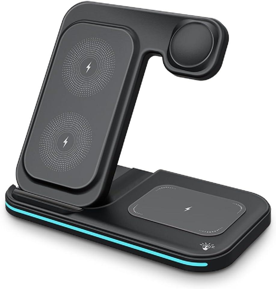 Foldable 3 in 1 Dual Coil Charging Station for iPhone 17, 8-16, Qi Fast Wireless Charger for Galaxy S26,S7-S25, Air. Pods, Apple Watch Ultra/10/9/1-8/SE (No A/C Adapter, C to C Cord)