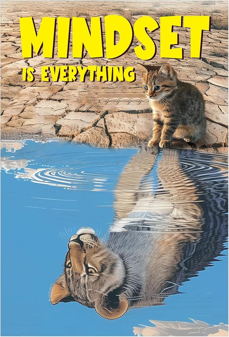 FLYAB Motivational Posters - 11.2x16.5'' Mindset is Everything Wall Art Decor for Classroom Home Office Positive Inspirational Picture Paper for Students Teen Men Women (Blue-Cat Lion)