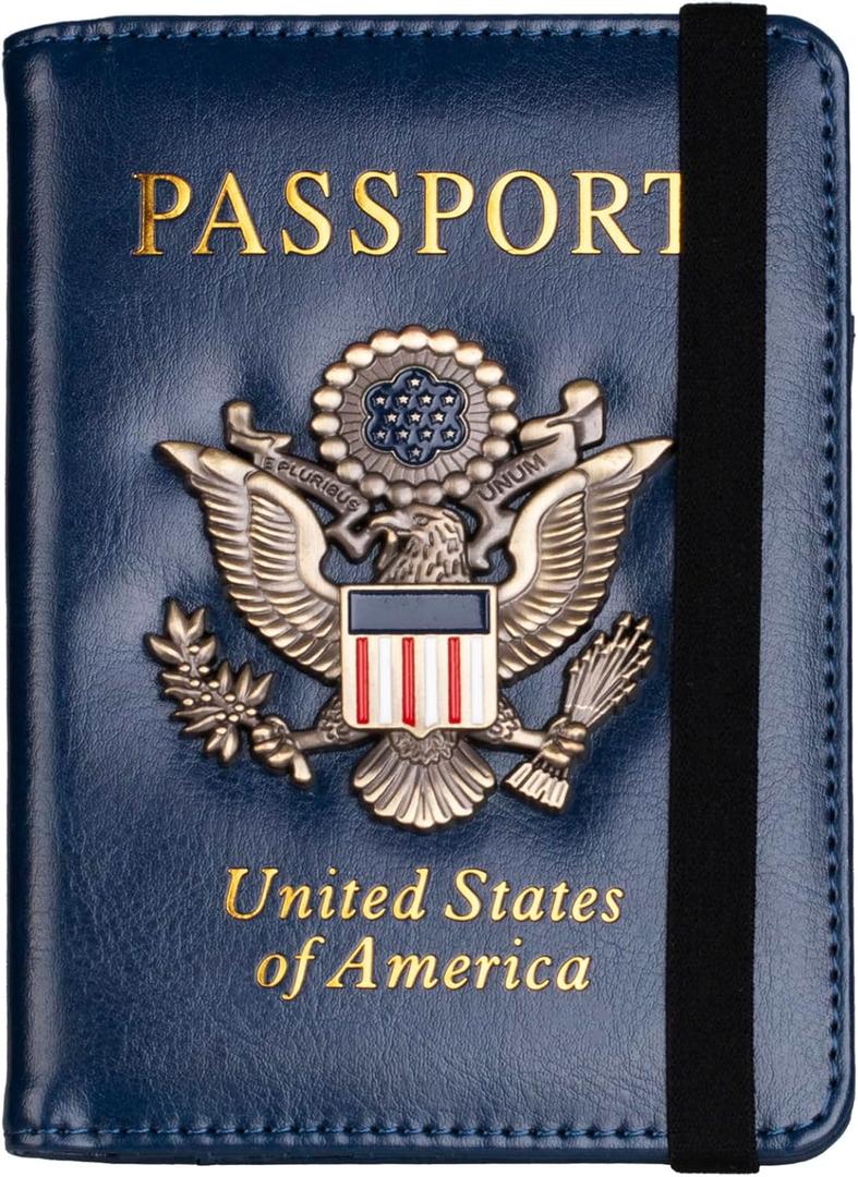 TOURSUIT RFID Blocking Passport Holder for Women Men, Leather Passport Travel Wallet with 3D Metal Badge, Travel Document Holder Cover Accessories (Dark Blue)