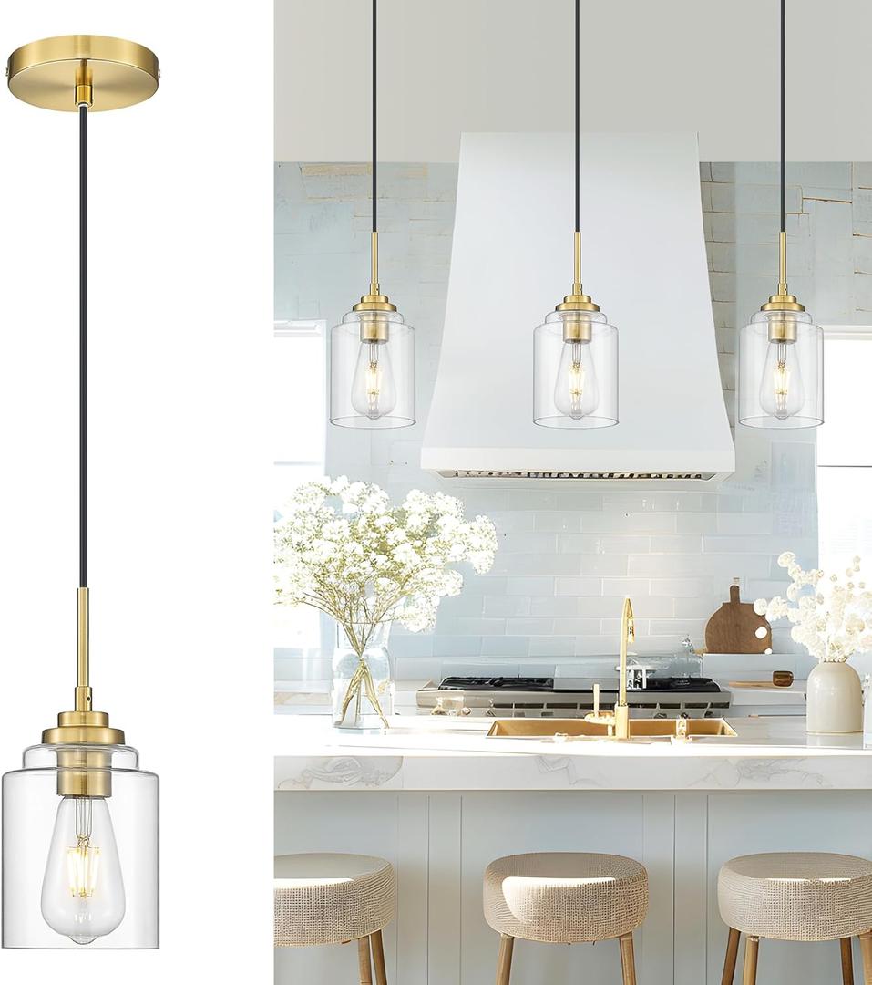 AUTELO Gold Pendant Lights, 1-Light Pendant Light Fixtures in Brushed Gold Finish with Clear Glass, Antique Pendant Lights Kitchen Island, Brass Hanging Lights for Dining Room H7010 BG (1 Pack - 6.3 Inch)