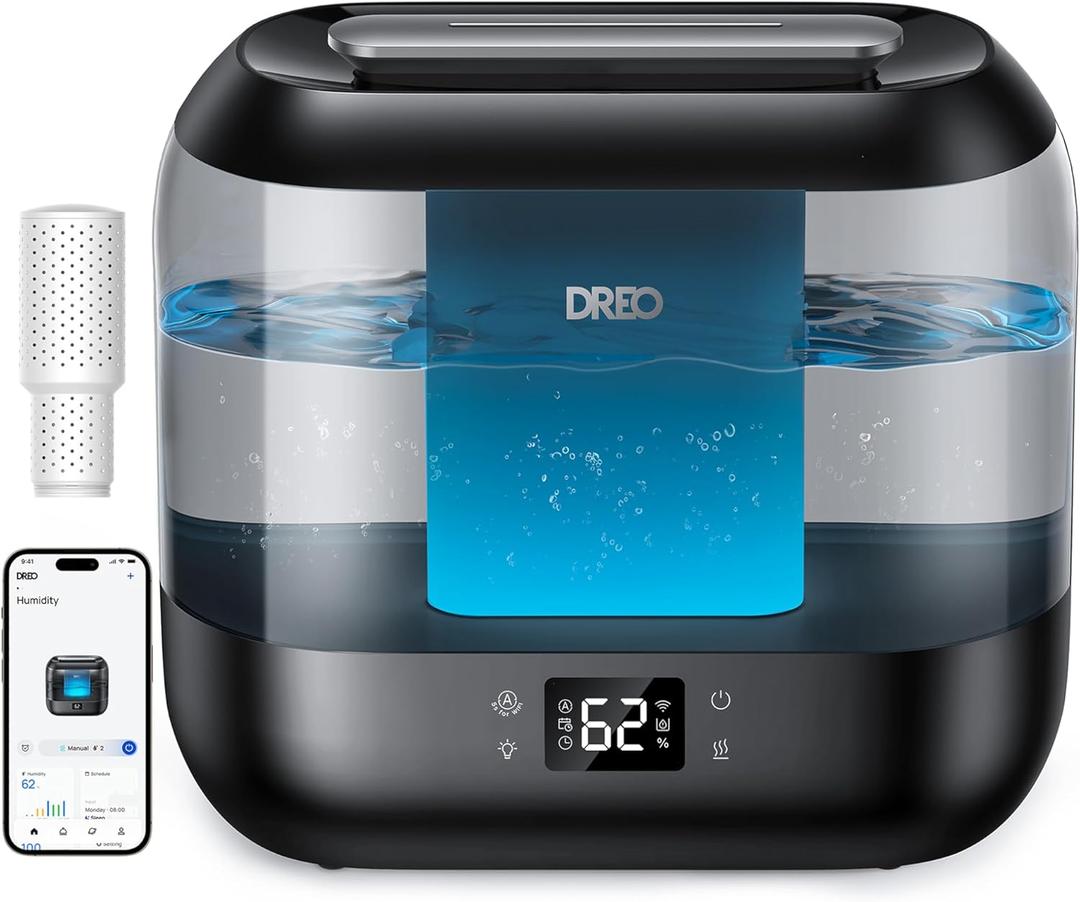 Dreo Humidifiers for Bedroom, Top Fill 4L Smart Cool Mist Humidifier with Oil Diffuser, Cartridge, Nightlight, 32H Runtime, Quiet Ultrasonic Humidifiers for Home, Baby Nursery, Plants, Office, HM311S (ebony)