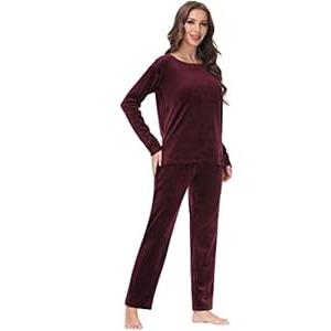 COZZIPLUS Women Velour Lounge Set 2 Piece Velvet Pajama Set Sweatsuit Crew Neck Sweatshirt and Elastic Waist Sweatpant(Burgundy, L)