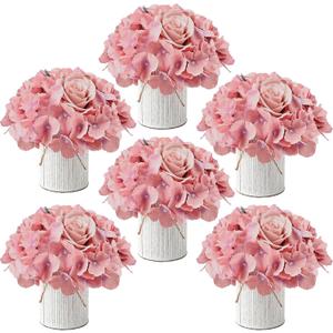 DIYDOFUN Flower Table Centerpieces  Set of 6 Floral Arrangement Artificial Wedding Hydrangeas Floral Arrangement with Rustic Metal Vase for Bridal Tea Party Event Decorations  Deep Pink