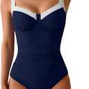 B2prity Women's One Piece Swimsuits Tummy Control Bathing Suits Push Up Swim Suit Color Block Swimwear (X-Large, Navy Blue, White)