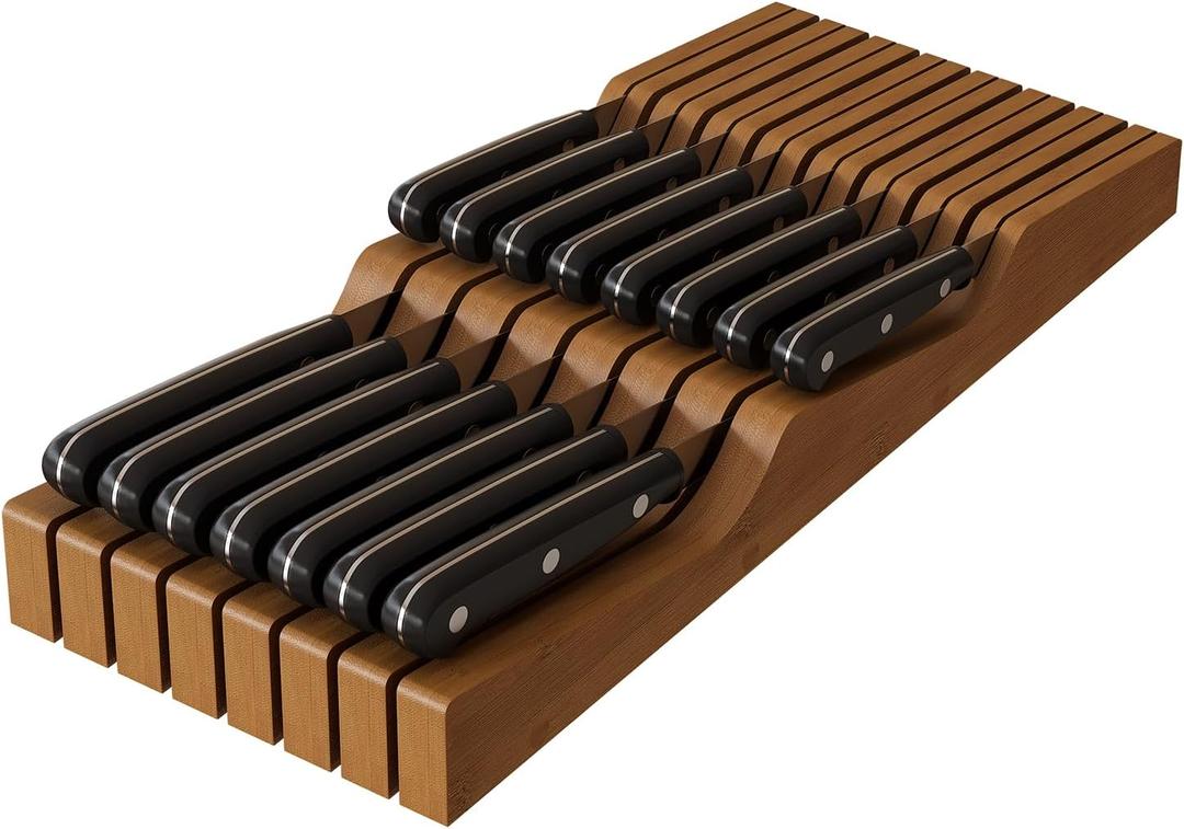 In-Drawer Knife Block Organizer - Bamboo Wood Drawer Knife Organizer-Protecting Knife Organizer Block (Not Included) (Brown, 15 Knives Dock)