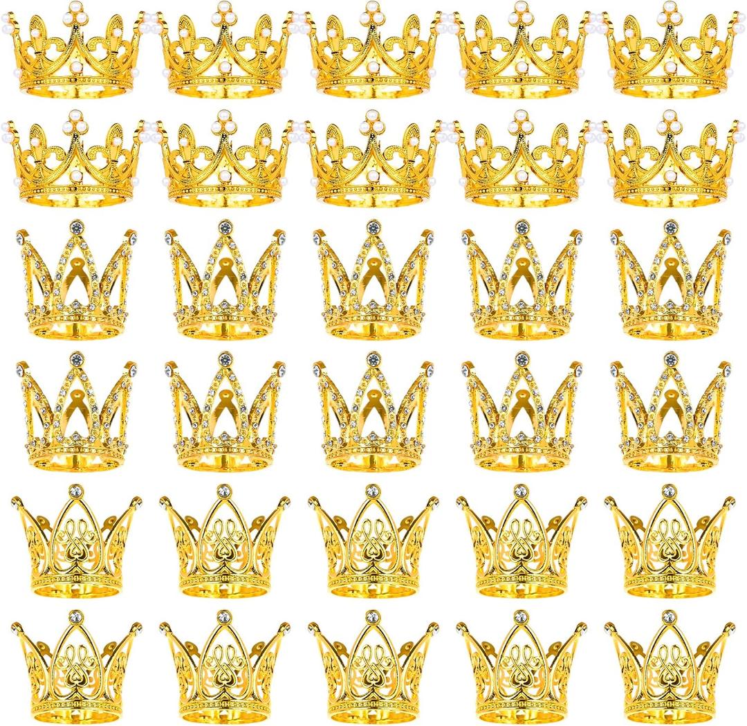 30 Pcs Crowns for Flower Bouquets, Gold Crown Cake Topper, Mini Crown for Flower Bouquet, Pearl Tiara Princess Gold Crown for Wedding Baby Shower Birthday Mothers Day Graduation Party Decor 3 Style
