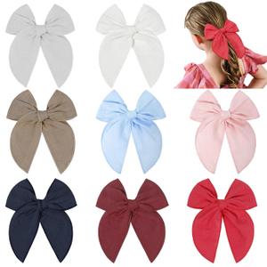 DEEKA 8 PCS Large Fall Hair Bows Cotton Linen Fable Hair Bow for Toddlers Girls Handmade Natural Fabric Hair Accessories for Little Girls Kids (Beige, Green, Gray, Red) (1 Count (Pack of 8))