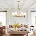 Brass Chandelier 6 Lights with White Fabric Linen Shade 29x52" W Gold Candle Pendant Light Fixture Modern Wagon Wheel Chandeliers for Dining Room Living Room Bedroom