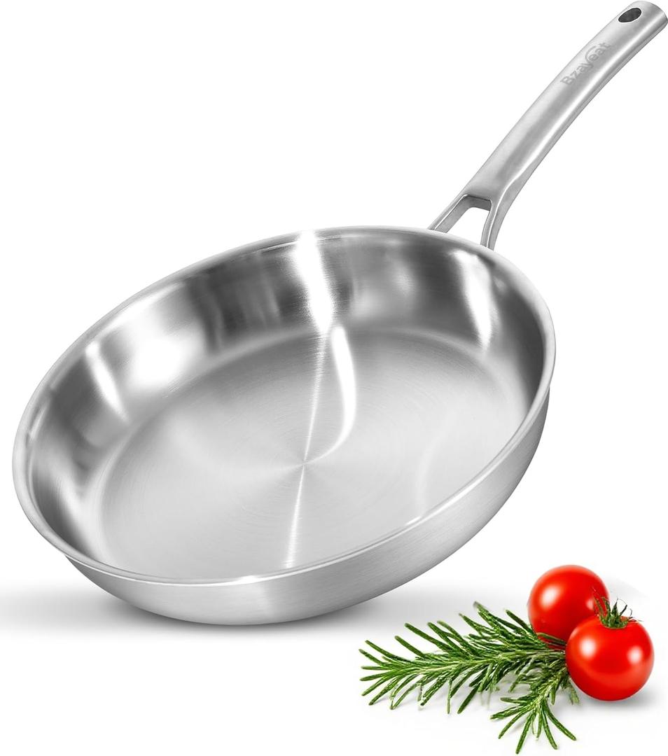 Chef's Frying Pan 12 Inch, Tri-Ply Clad Stainless Steel Skillet, Induction Compatible Saut Pan with Even Heat for Searing, Oven & Dishwasher Safe, Professional Restaurant Grade Cookware