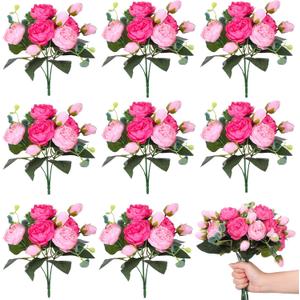 Yunsailing 8 Pack Artificial Peony Flowers Faux Silk Hydrangea Bouquet Wedding Home Table Decor Reusable Bouquet of Rose Flower for Birthday Wedding(Pink)