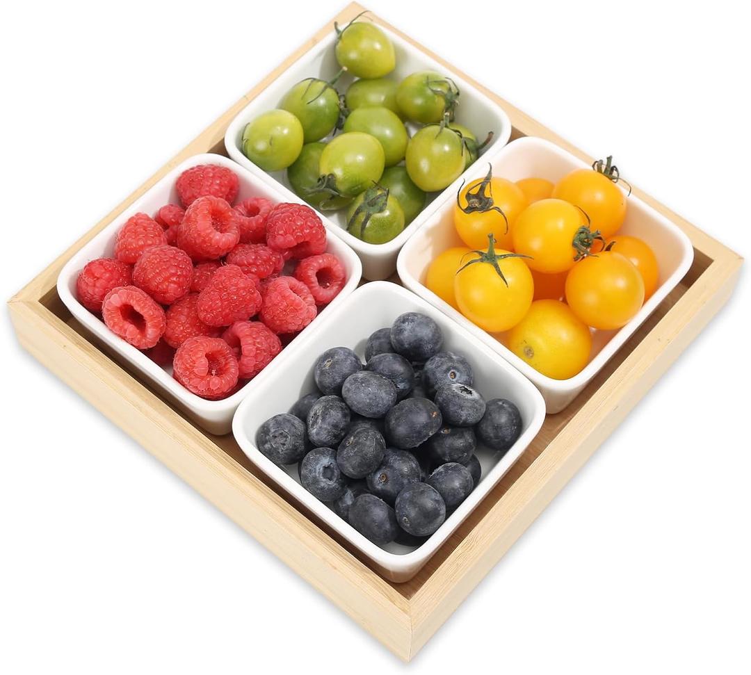 Ceramic Snack Bowls with Bamboo Tray Set,Divided Serving Bowls and Platters for Hosting & Party,Removable Serving Dishes for Chips and Dip,Fruit,Veggies,Candy and Snacks Kitchen Decor (4)