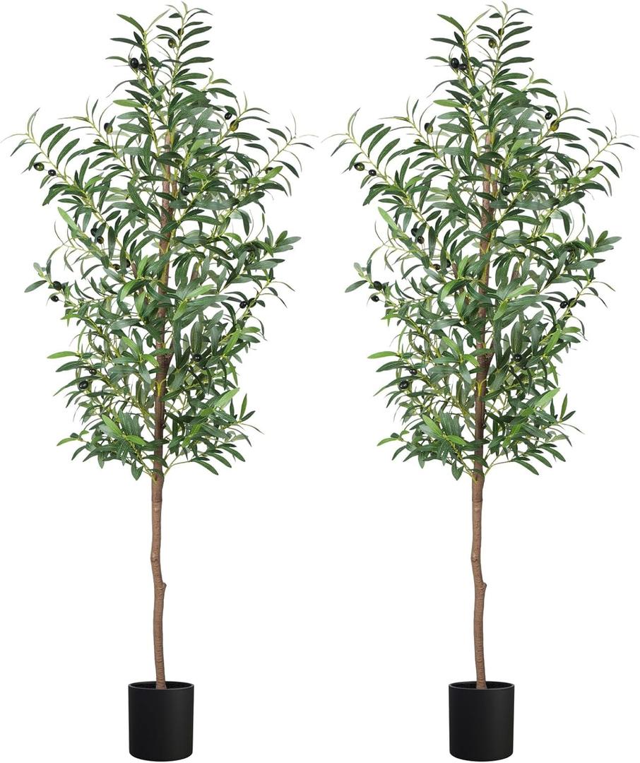 Fake Olive Tree, 5FT 2Pack Tall Plants Olive Trees 60in Silk Plant with Trunk and Realistic 536 Leaves and 20 Fruits for Modern Office Home Decor Indoor