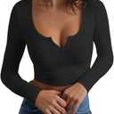 Artfish Women's Long Sleeve Scoop Neck V Notch Ribbed Slim Fitted Casual Basic Crop Top (Black), S