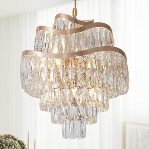 12 Lights 7-Tier K9 Crystal Gold Chandelier 20" Modern Pendant Chandelier Lighting Crystal Light Fixtures for Living Room Dining Room Bedroom Kitchen Foyer Entryway, E12