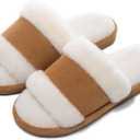 SHIBEVER Women's Slippers Fuzzy Open Toe Slip On Indoor House Shoes Comfy Bedroom Women Slippers (5-6, Brown)