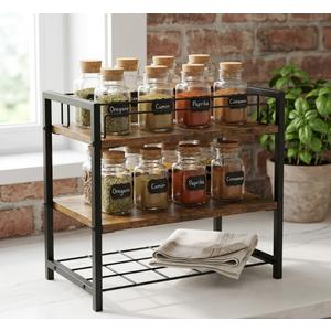 2-Tier Spice Rack Industrial Counter Shelf Desktop Storage Organizer Standing Seasoning Rack for Countertop Kitchen Office Living Room Desktop Rustic Brown