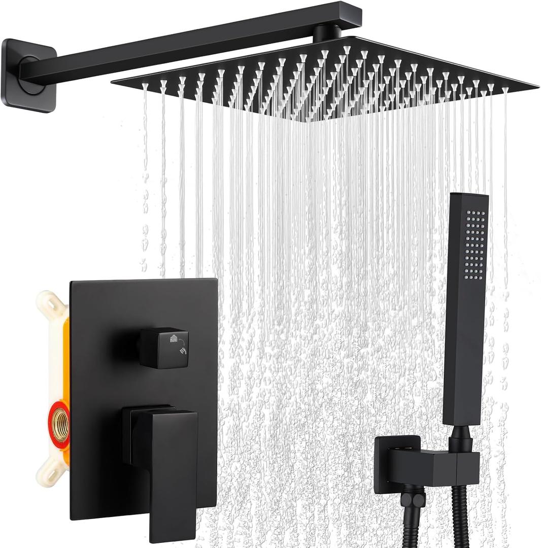 Matte Black Shower Faucet Set, Rainfall Bathroom Shower System Fixture 10 Inch High Pressure Square Rain Shower Head with Handheld Sprayer Combo Wall Mount with CUPC Certified Rough-in Valve