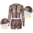 2 x Tehoao Two Piece Leopard Print Set Sexy Going Out Club Outfit for Women Long Sleeve Mesh Top Cheetah Shorts Set (Leopard,L) (L)