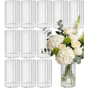 12pcs Stripe Glass Cylinder Vases for Centerpieces, 6 Inch Tall Flower Vase for Wedding Decorations, Hurricane Vases Floating Candle Holder for Table Centerpiece Wedding Home Dcor (Clear)