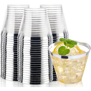 I00000 200pcs Silver Disposable Plastic Cups 9 oz Clear Plastic Cups Old Fashioned Tumblers Silver Rim Cup Disposable Party Cup Elegant Silver Wine Glasses Cocktail Cup