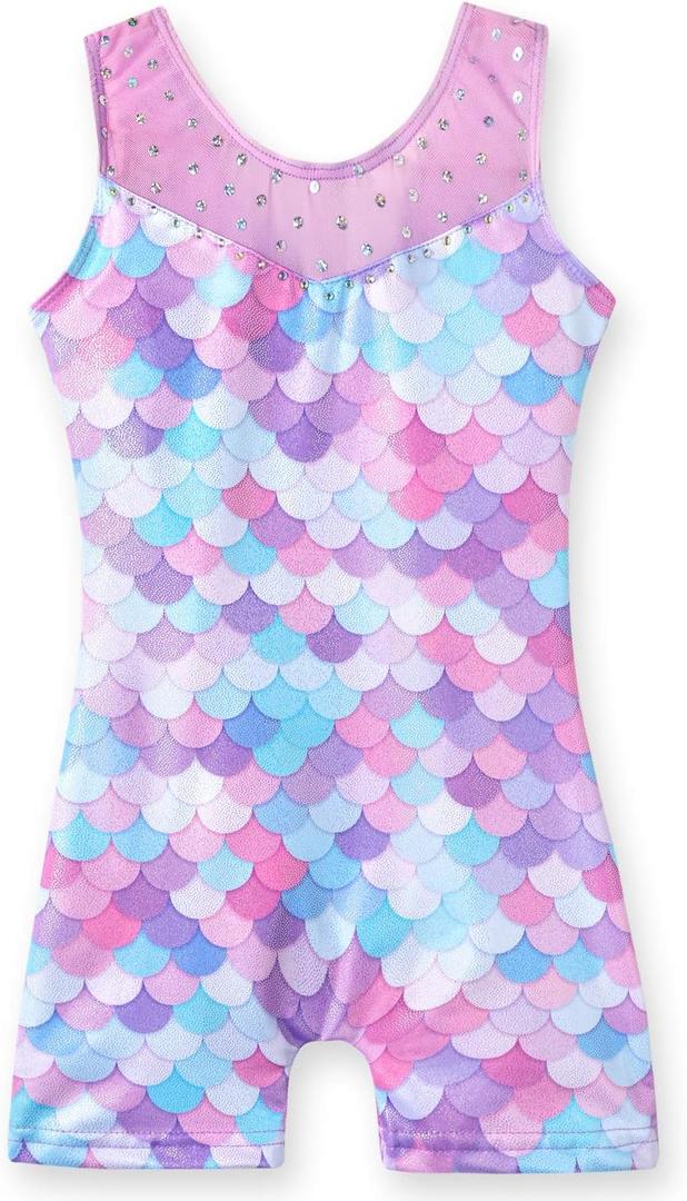 Leotards for Girls Gymnastics Toddler Dance Biketards Mermaid Unicorn Athletic Dance Wear Shiny Rainbow Blue Hotpink (7-8 Years)