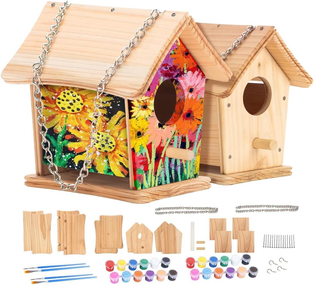 2pc DIY Birdhouse Kit, Cedar Wood Bird House Kits Bulk for Adults, Art Craft Outdoor Birdhouse, Solid Wood Weather Proof Material Painting Kit, Chain for Tree Hanging