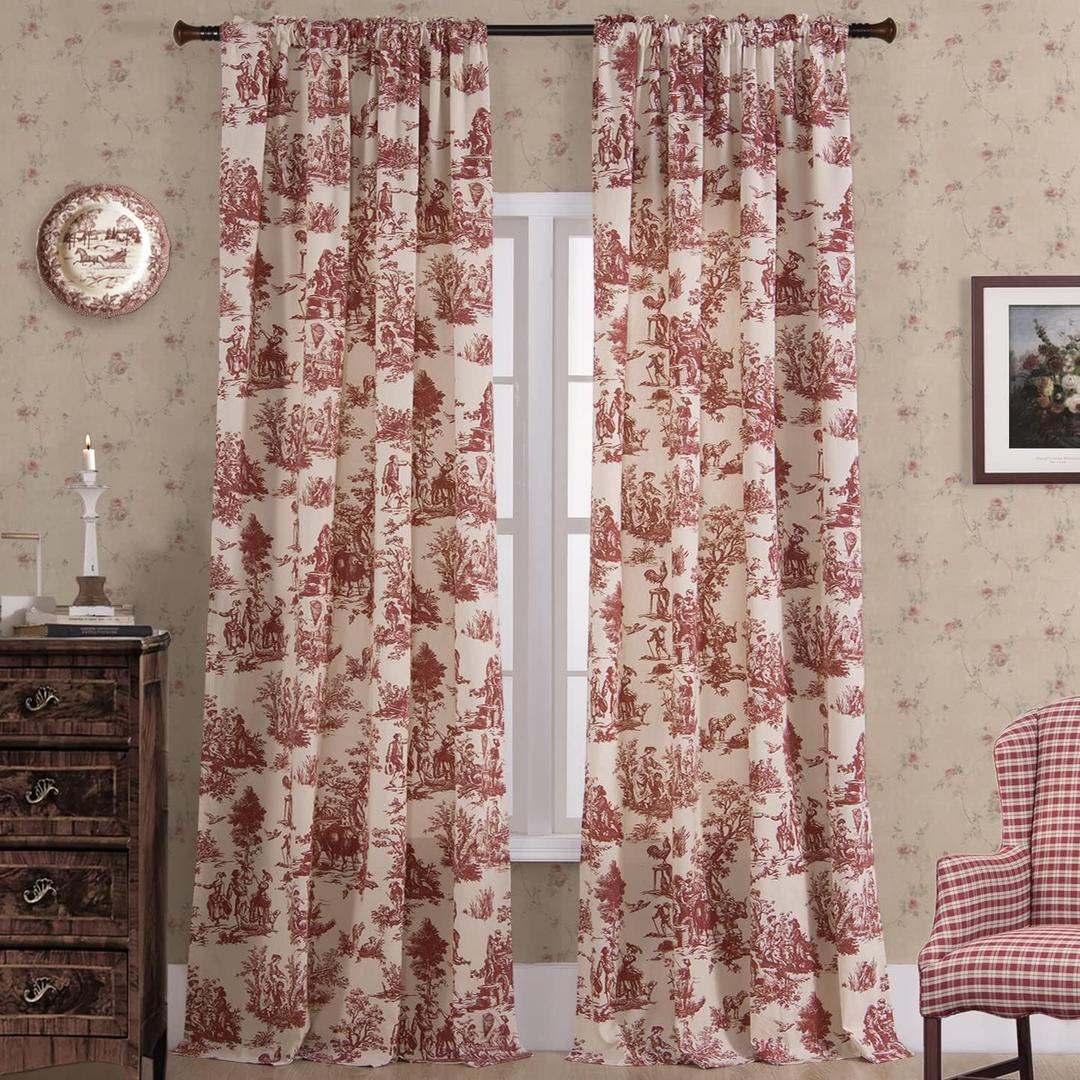 Red Sheer Curtains 96 Inches Long for Sliding Glass Door 2 Panel Set Ranch Style Semi Black Out Toile Floral Pattern Print Design Light Filtering Drapes for Bedroom Living Room Patio 8FT 8 Foot Length (40"W x 96"L (Pack of 2))