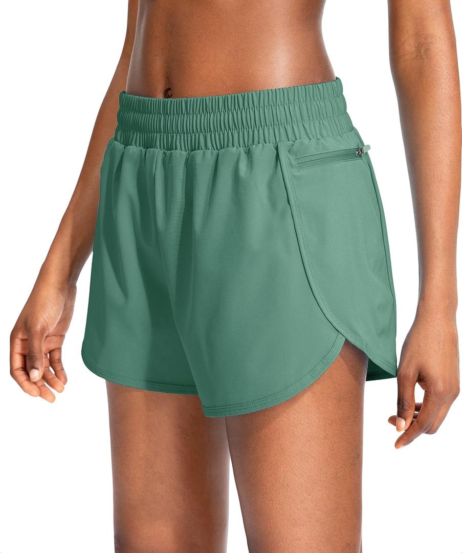 Soothfeel Womens Running Shorts with Zipper Pockets High Waisted Athletic Gym Workout Shorts for Women with Liner (X-Small, Porcelain Green)