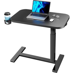 HUANUO 32Inch Bedside Table with Wheels, Height-Adjustable Rolling Computer Cart, Overbed Table with Cup Holder, Pneumatic Laptop Standing Desk for Home Office, Black